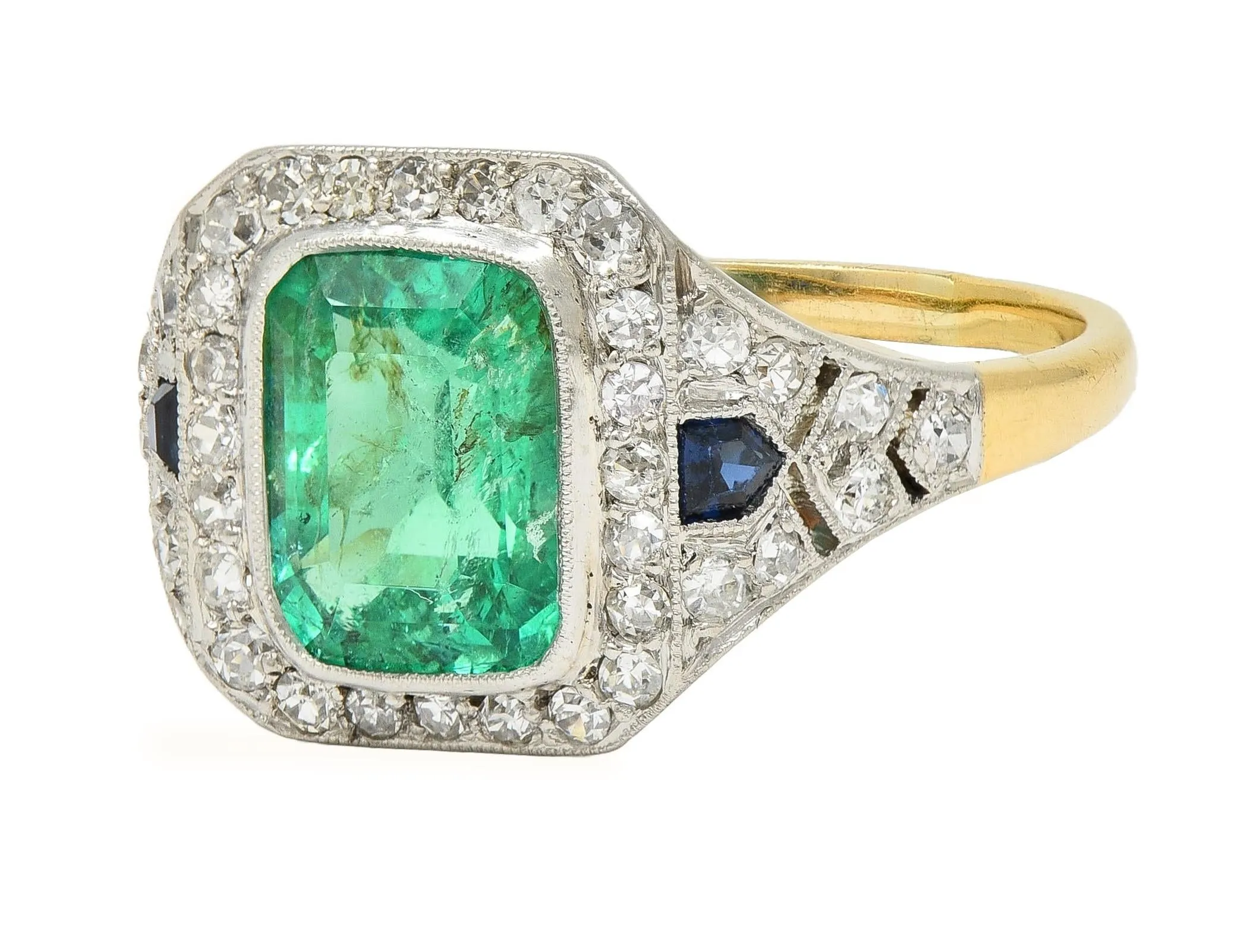 French Art Deco 1920 2.61 CTW Emerald Diamond Sapphire Platinum 18 Karat Gold Antique Halo Ring