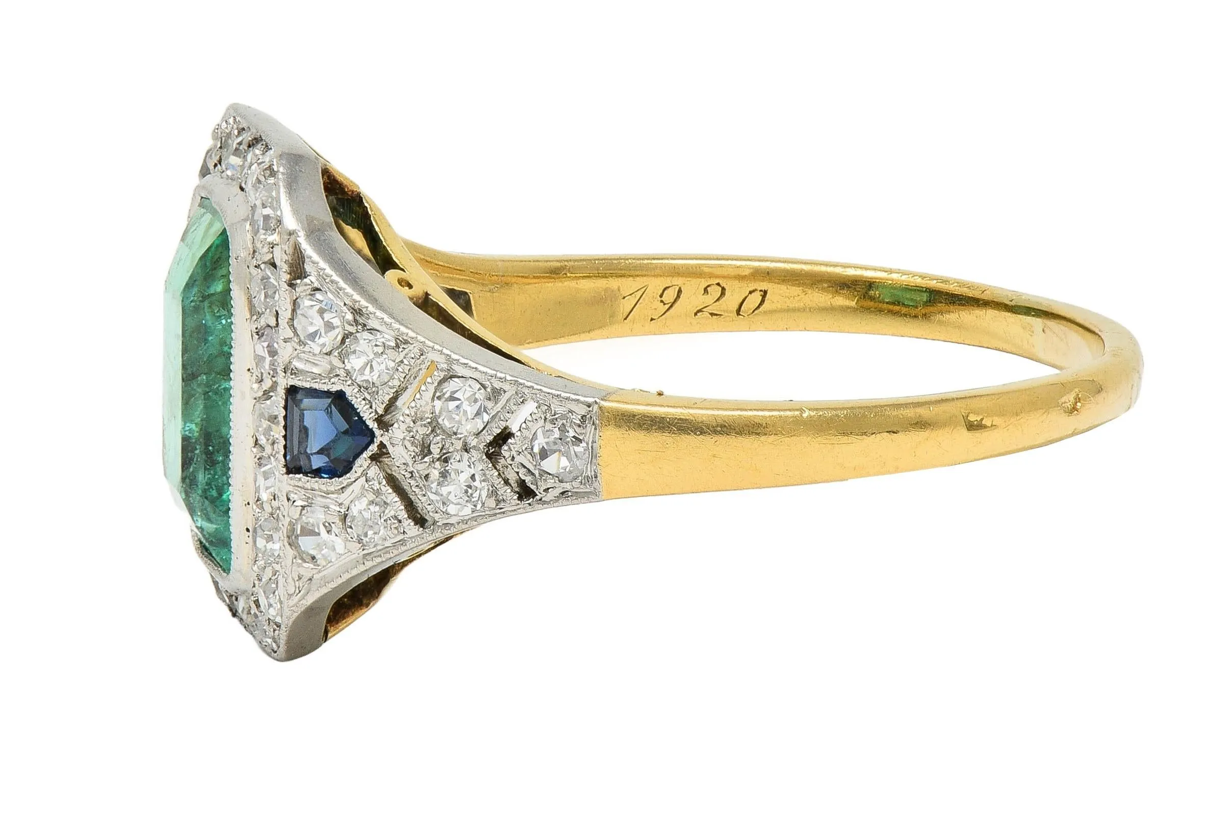 French Art Deco 1920 2.61 CTW Emerald Diamond Sapphire Platinum 18 Karat Gold Antique Halo Ring
