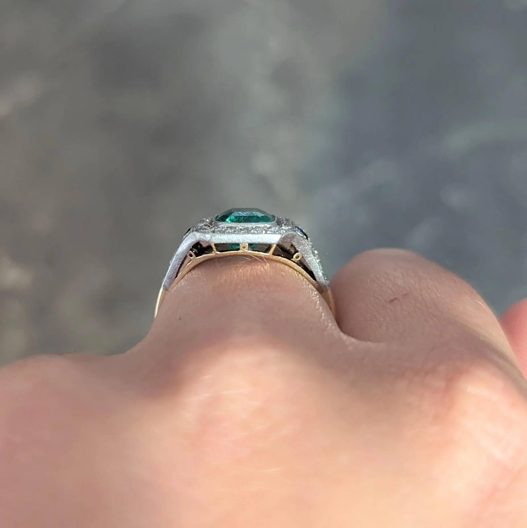 French Art Deco 1920 2.61 CTW Emerald Diamond Sapphire Platinum 18 Karat Gold Antique Halo Ring