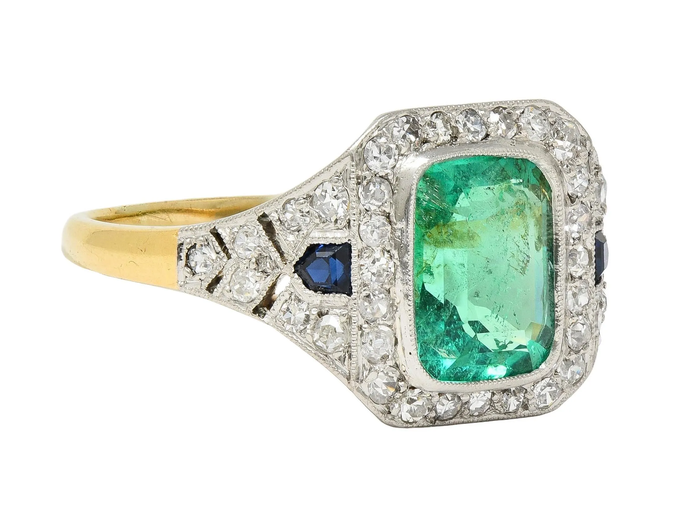 French Art Deco 1920 2.61 CTW Emerald Diamond Sapphire Platinum 18 Karat Gold Antique Halo Ring