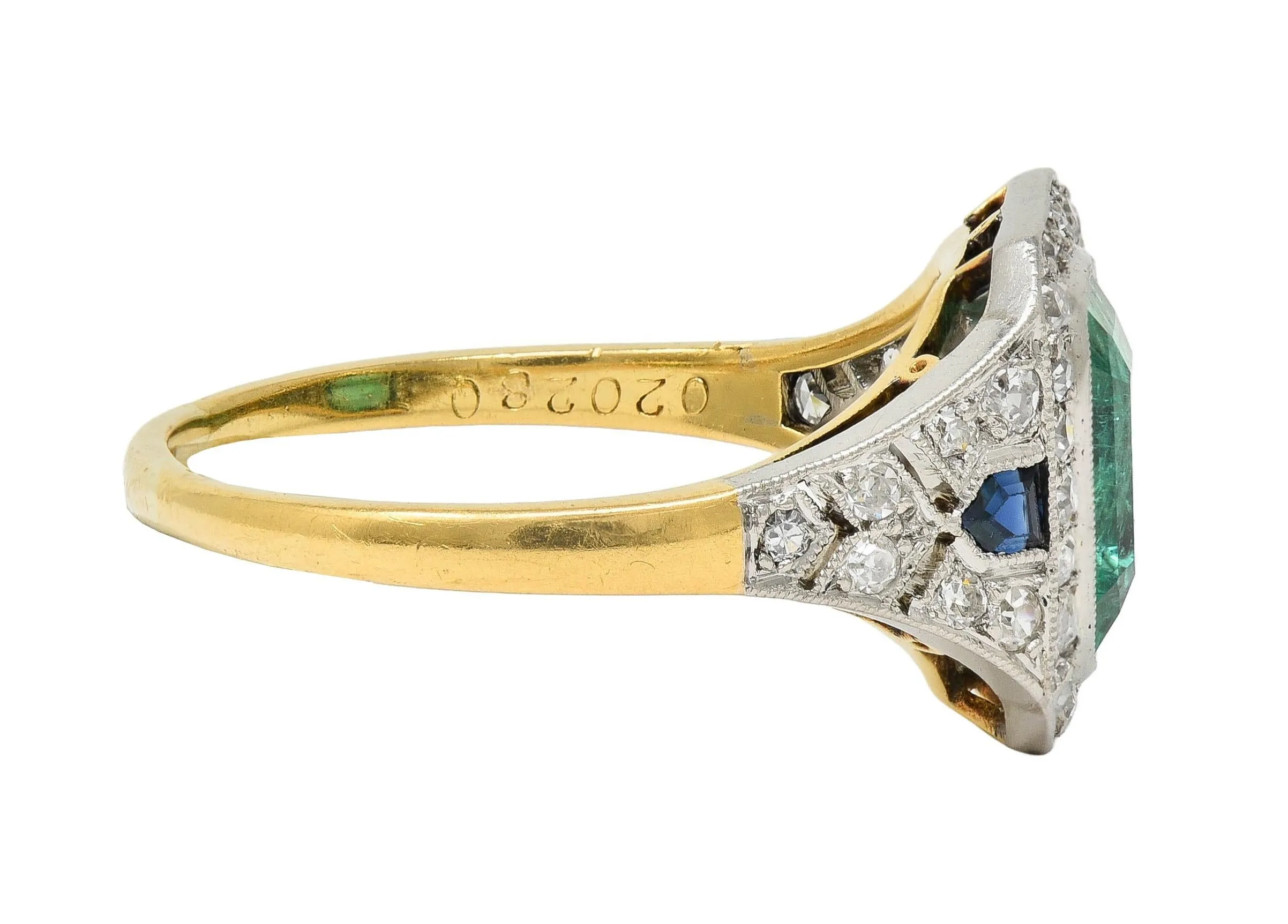 French Art Deco 1920 2.61 CTW Emerald Diamond Sapphire Platinum 18 Karat Gold Antique Halo Ring