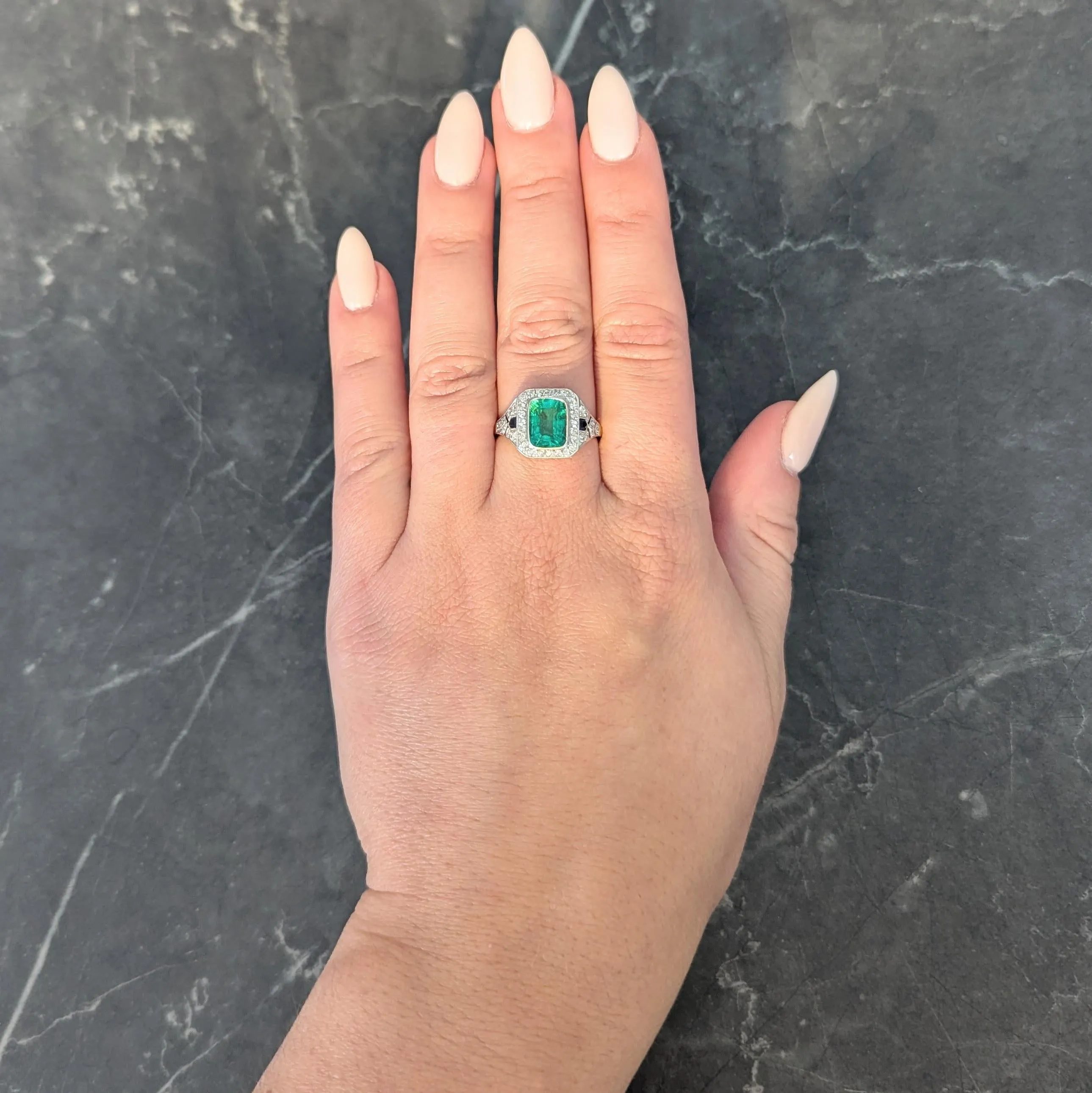 French Art Deco 1920 2.61 CTW Emerald Diamond Sapphire Platinum 18 Karat Gold Antique Halo Ring
