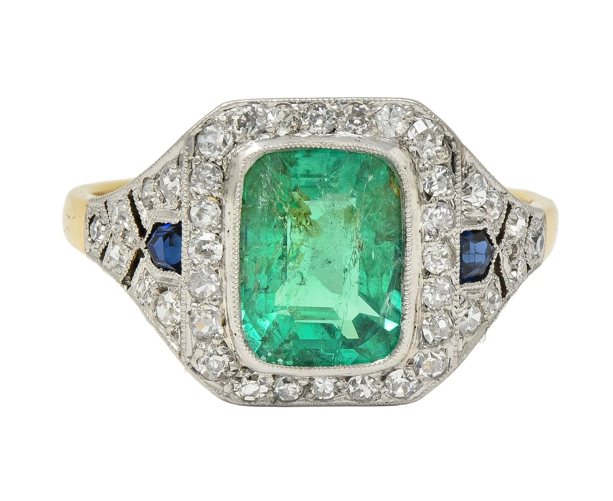 French Art Deco 1920 2.61 CTW Emerald Diamond Sapphire Platinum 18 Karat Gold Antique Halo Ring