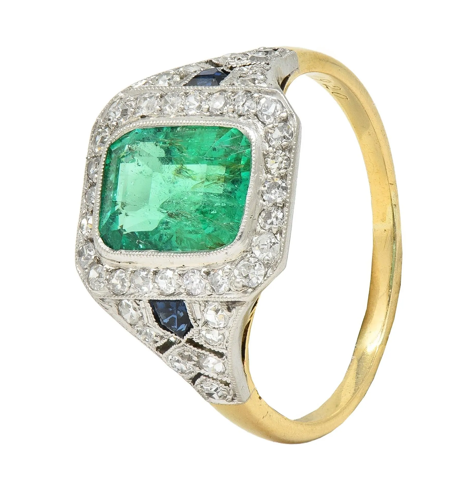 French Art Deco 1920 2.61 CTW Emerald Diamond Sapphire Platinum 18 Karat Gold Antique Halo Ring