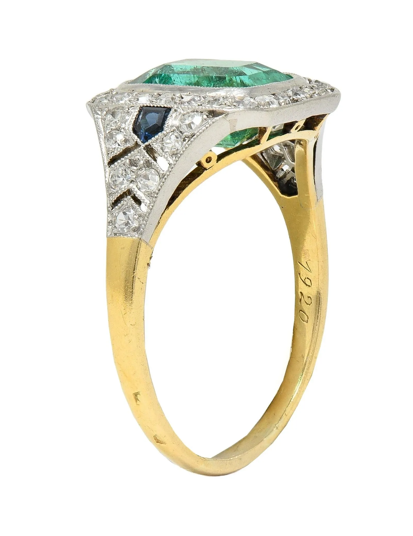 French Art Deco 1920 2.61 CTW Emerald Diamond Sapphire Platinum 18 Karat Gold Antique Halo Ring