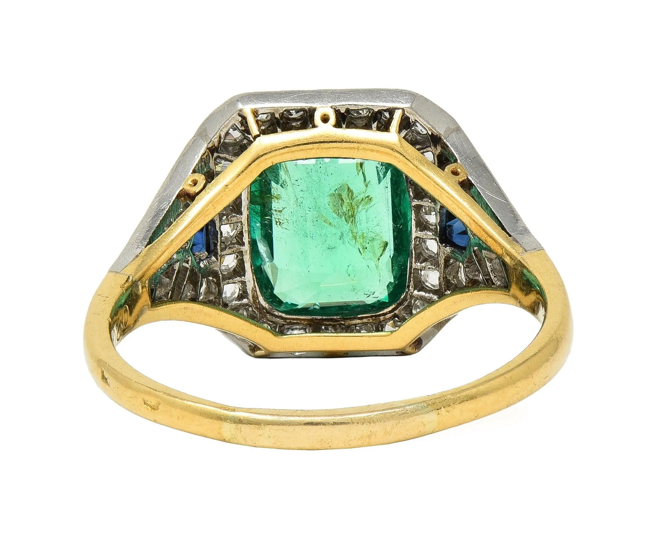 French Art Deco 1920 2.61 CTW Emerald Diamond Sapphire Platinum 18 Karat Gold Antique Halo Ring