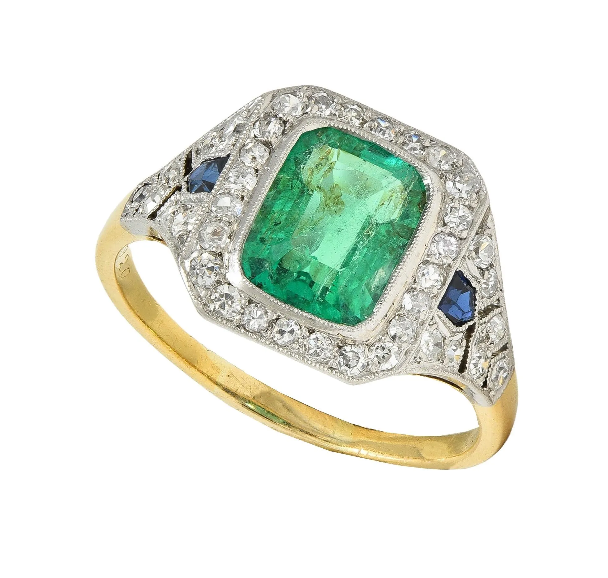 French Art Deco 1920 2.61 CTW Emerald Diamond Sapphire Platinum 18 Karat Gold Antique Halo Ring
