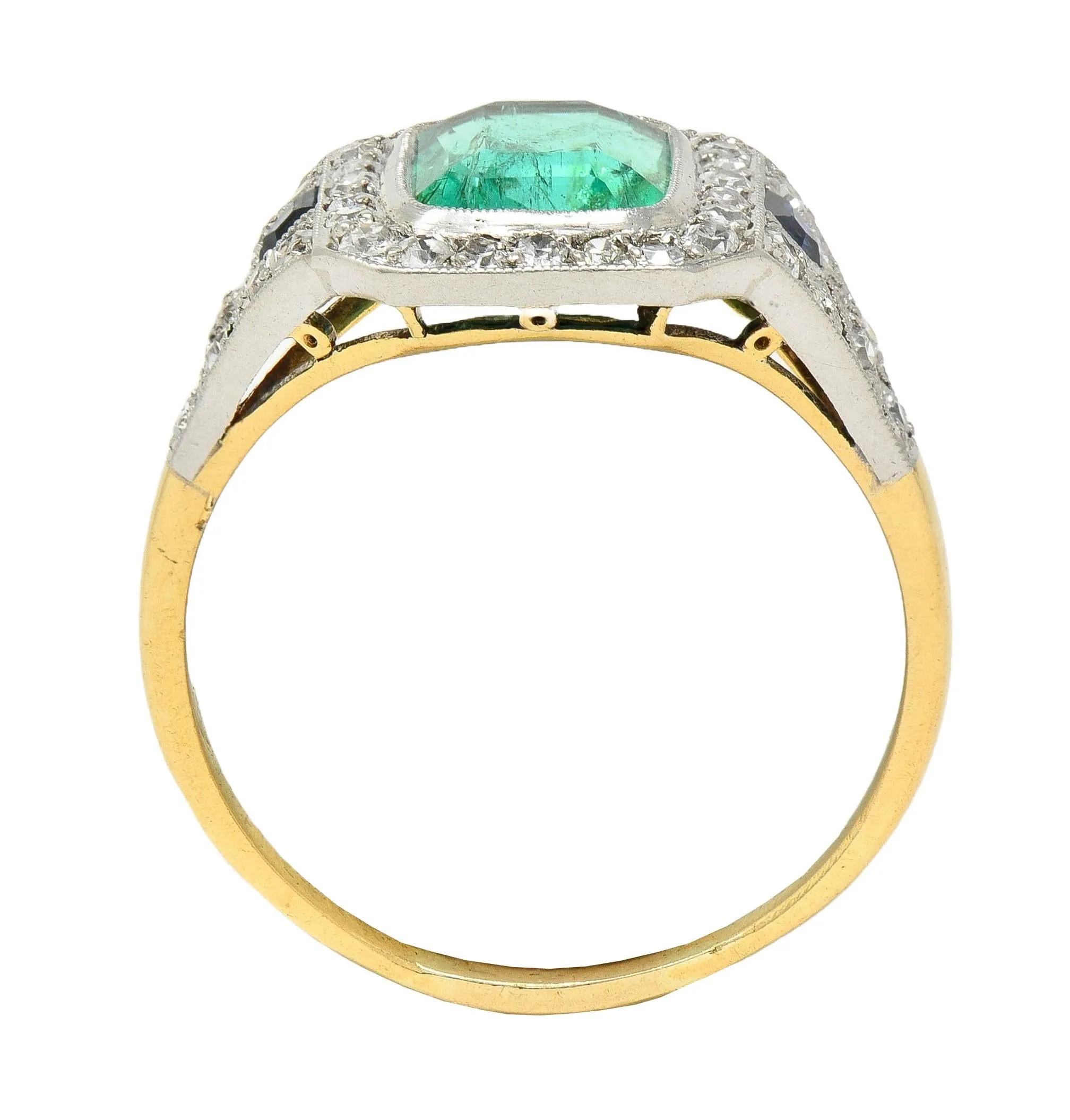 French Art Deco 1920 2.61 CTW Emerald Diamond Sapphire Platinum 18 Karat Gold Antique Halo Ring