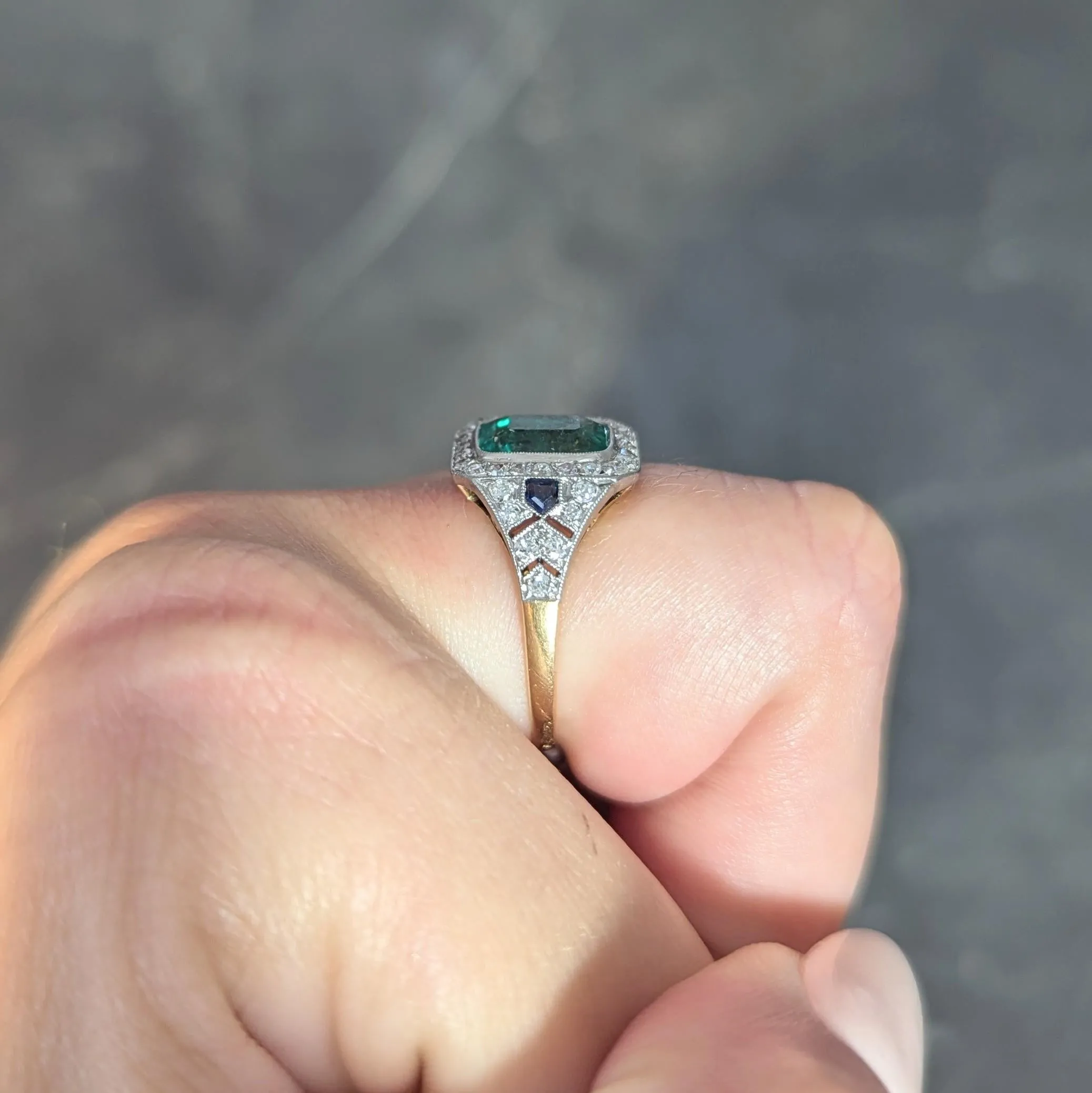 French Art Deco 1920 2.61 CTW Emerald Diamond Sapphire Platinum 18 Karat Gold Antique Halo Ring