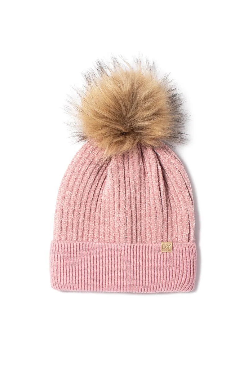 FSBB466 - Chenille Ribbed beanie with faux fur pom