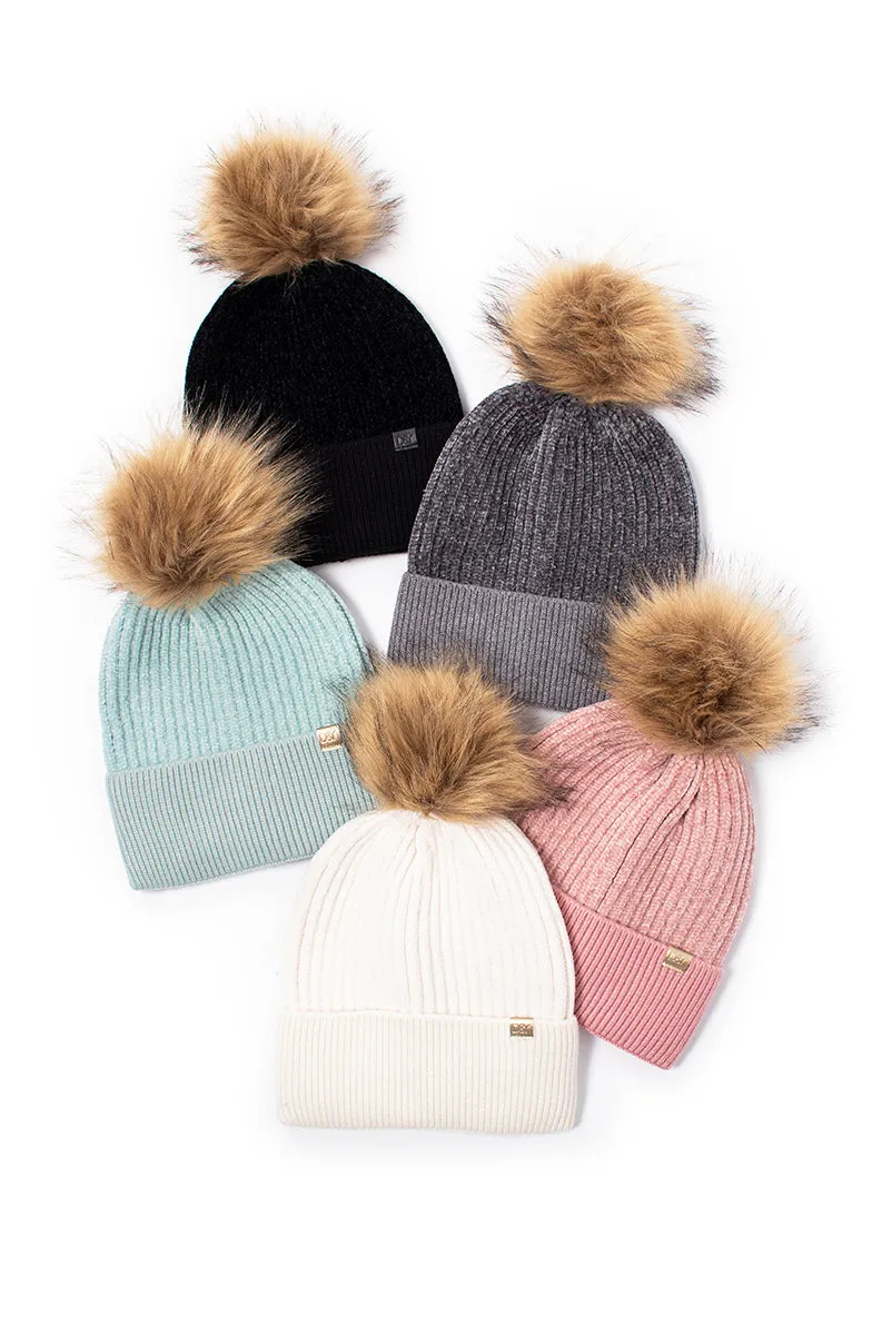 FSBB466 - Chenille Ribbed beanie with faux fur pom