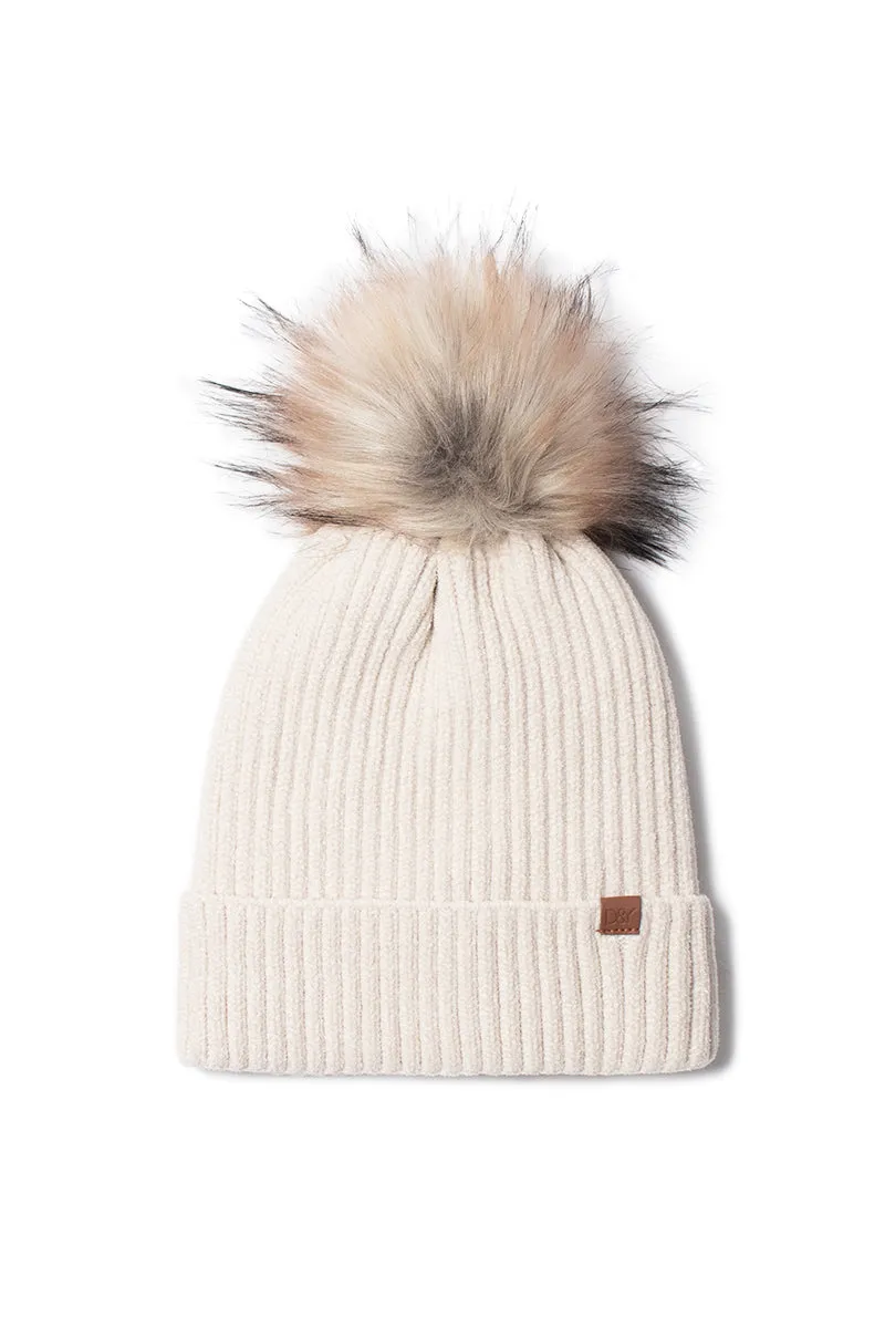 FSBB576 - Chenille beanie with sherpa lining and faux fur pom