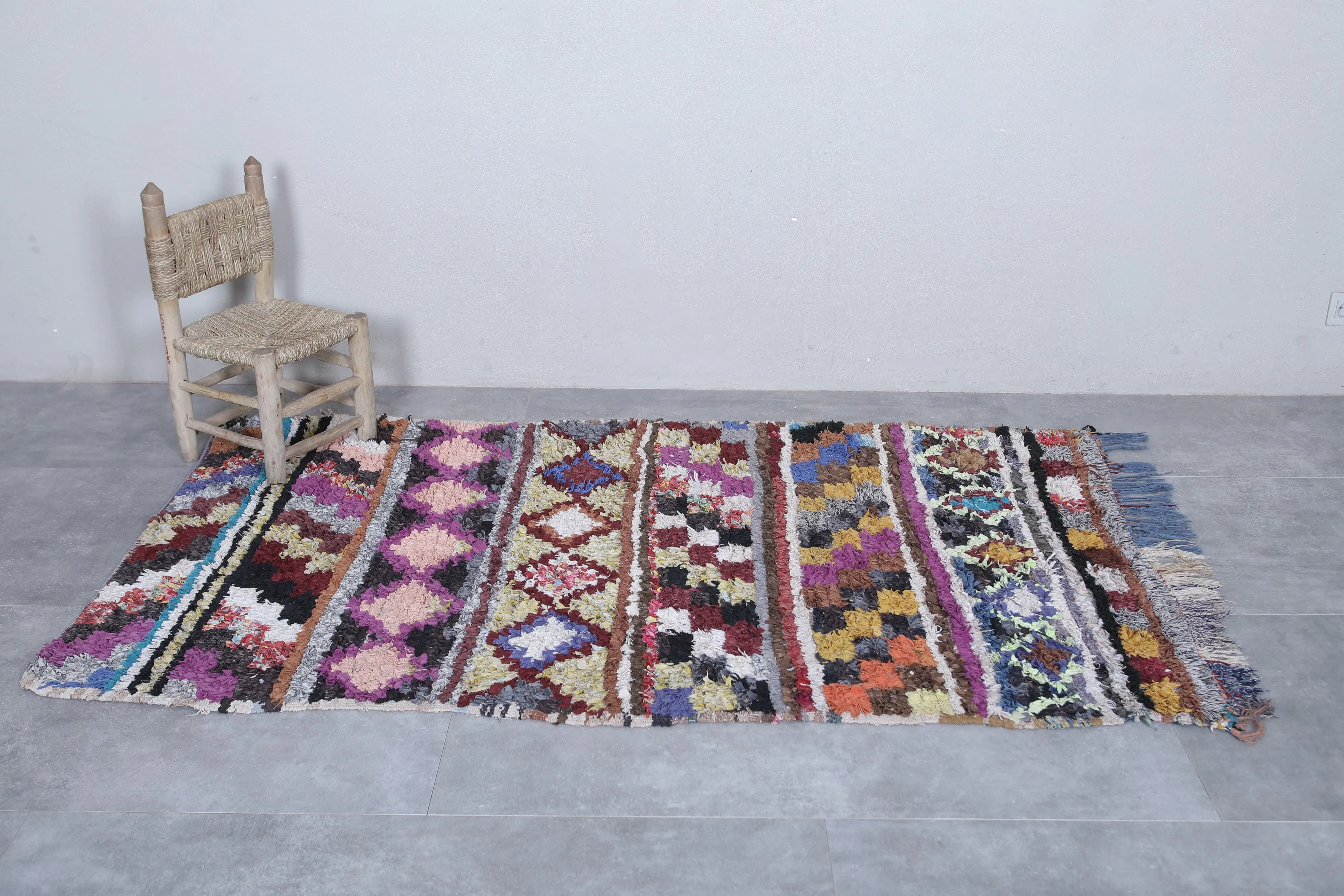 Geometric Pattern Berber Boucherouite Rug 4 x 6.7 Feet - Moroccan Handwoven Art