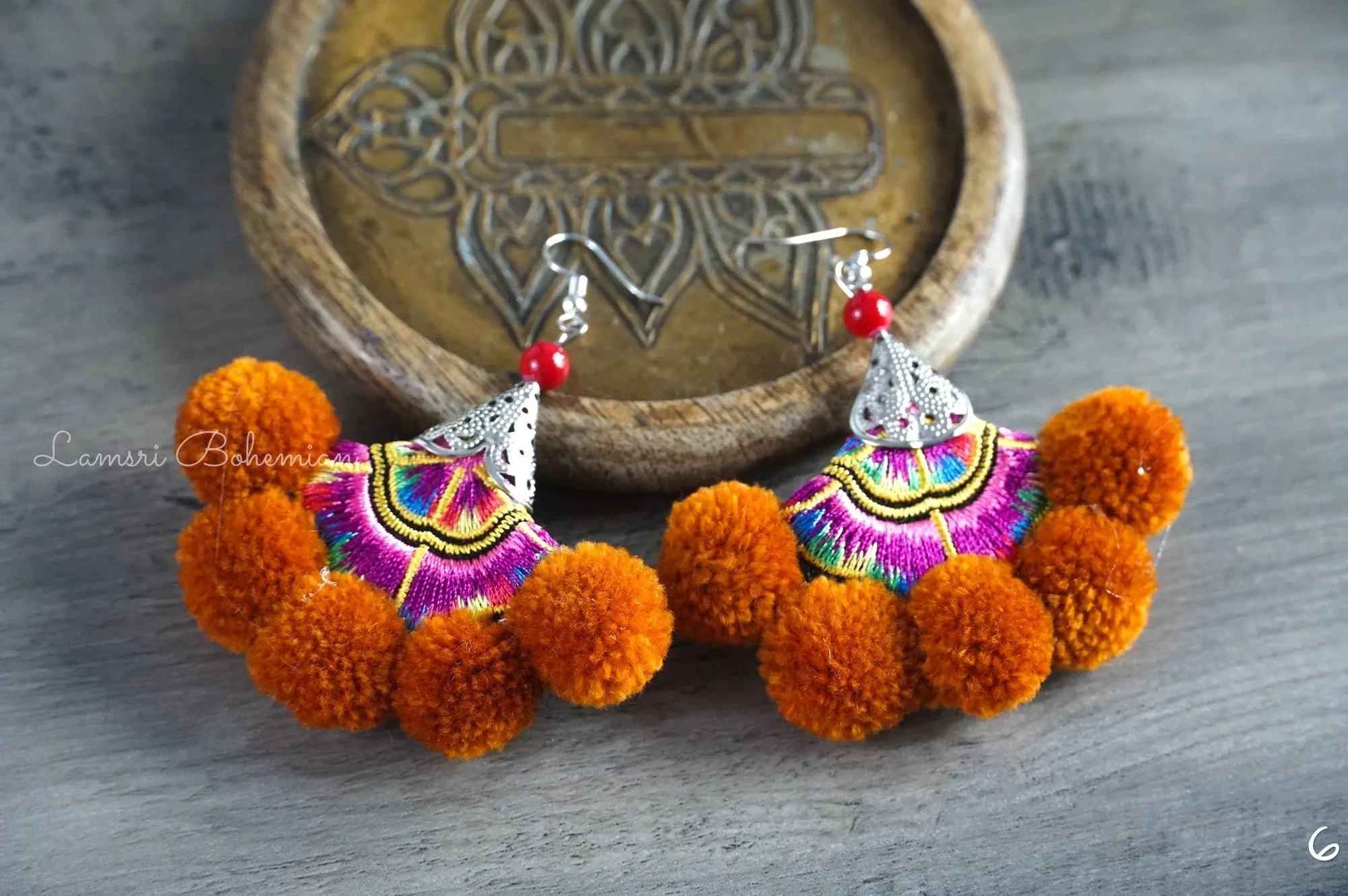 Golden Sunset Embroidered Pom Pom Earrings