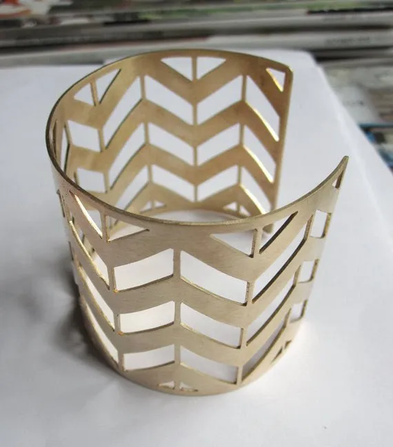 Hand-Made Geometric Chevron Open Cuff Bracelet in Gold Colored Brass - 0080