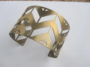 Hand-Made Geometric Chevron Open Cuff Bracelet in Gold Colored Brass - 0080