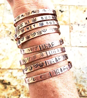 Handcrafted Copper Bracelet Cuff – "IDGAF" Word Stamp with Decorative Symbols
