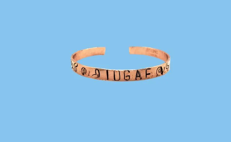 Handcrafted Copper Bracelet Cuff – "IDGAF" Word Stamp with Decorative Symbols