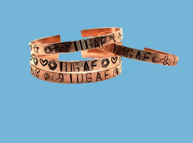 Handcrafted Copper Bracelet Cuff – "IDGAF" Word Stamp with Decorative Symbols