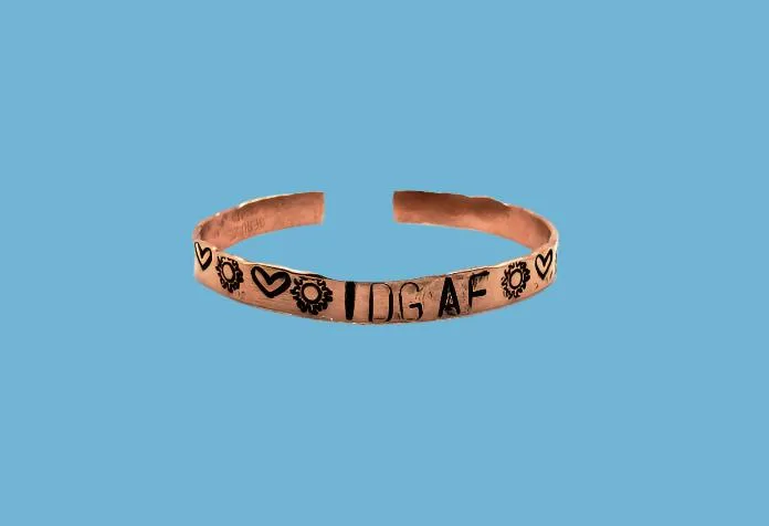 Handcrafted Copper Bracelet Cuff – "IDGAF" Word Stamp with Decorative Symbols