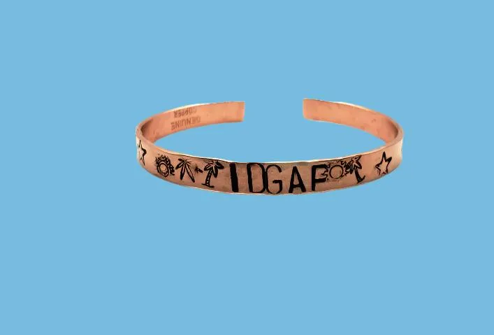 Handcrafted Copper Bracelet Cuff – "IDGAF" Word Stamp with Decorative Symbols
