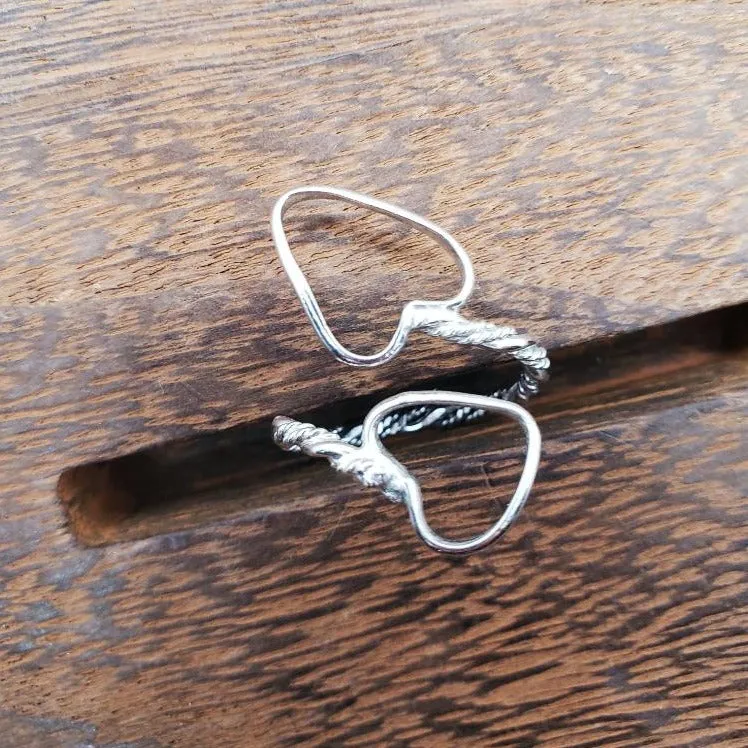 Handcrafted Sterling Silver .925 Bypass Ring with Twisted Wire & Heart Design | Adjustable