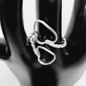Handcrafted Sterling Silver .925 Bypass Ring with Twisted Wire & Heart Design | Adjustable