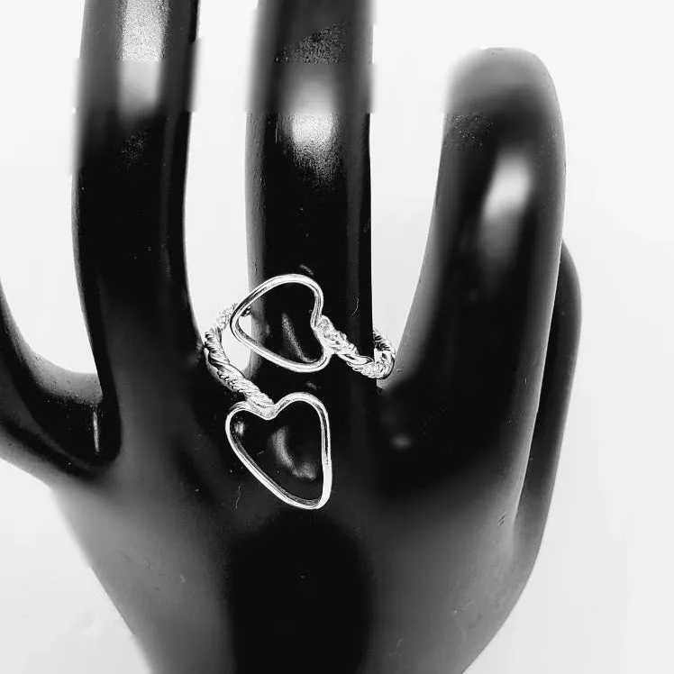Handcrafted Sterling Silver .925 Bypass Ring with Twisted Wire & Heart Design | Adjustable