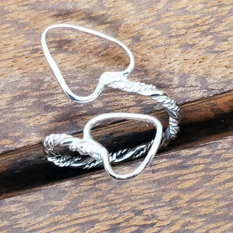 Handcrafted Sterling Silver .925 Bypass Ring with Twisted Wire & Heart Design | Adjustable