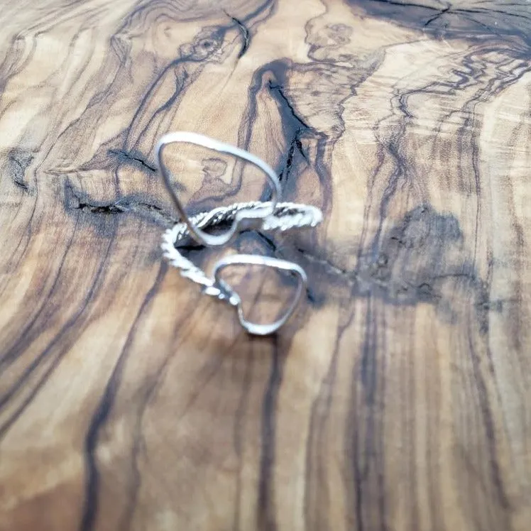 Handcrafted Sterling Silver .925 Bypass Ring with Twisted Wire & Heart Design | Adjustable