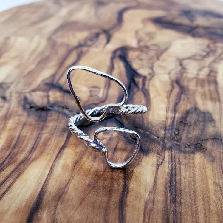 Handcrafted Sterling Silver .925 Bypass Ring with Twisted Wire & Heart Design | Adjustable