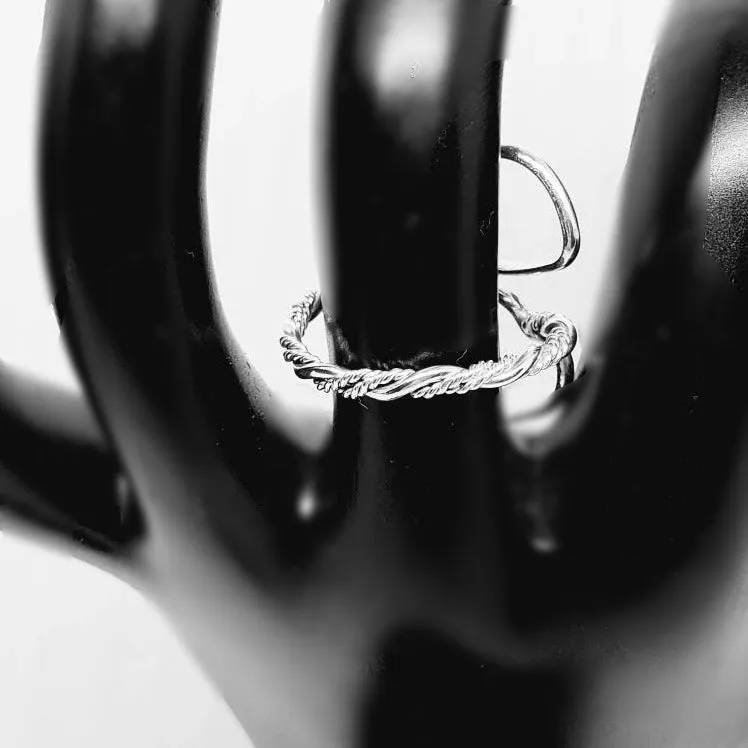 Handcrafted Sterling Silver .925 Bypass Ring with Twisted Wire & Heart Design | Adjustable