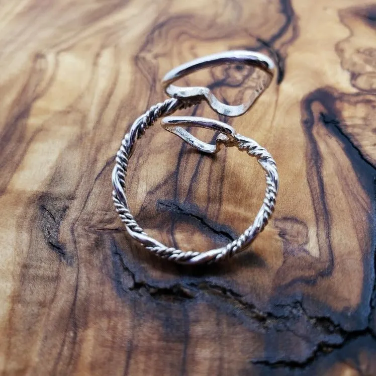 Handcrafted Sterling Silver .925 Bypass Ring with Twisted Wire & Heart Design | Adjustable