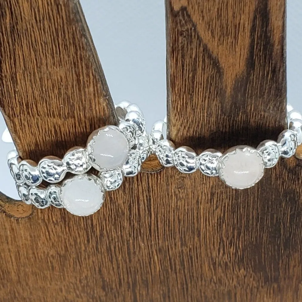 Handmade .925 Sterling Silver Daisy Design Band with Rose Quartz Cabochon | Heart Chakra Jewelry