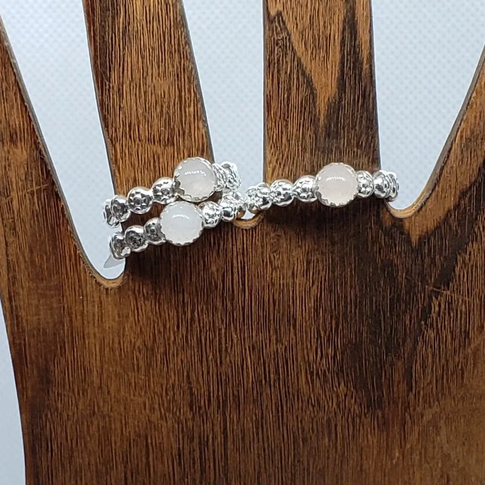 Handmade .925 Sterling Silver Daisy Design Band with Rose Quartz Cabochon | Heart Chakra Jewelry