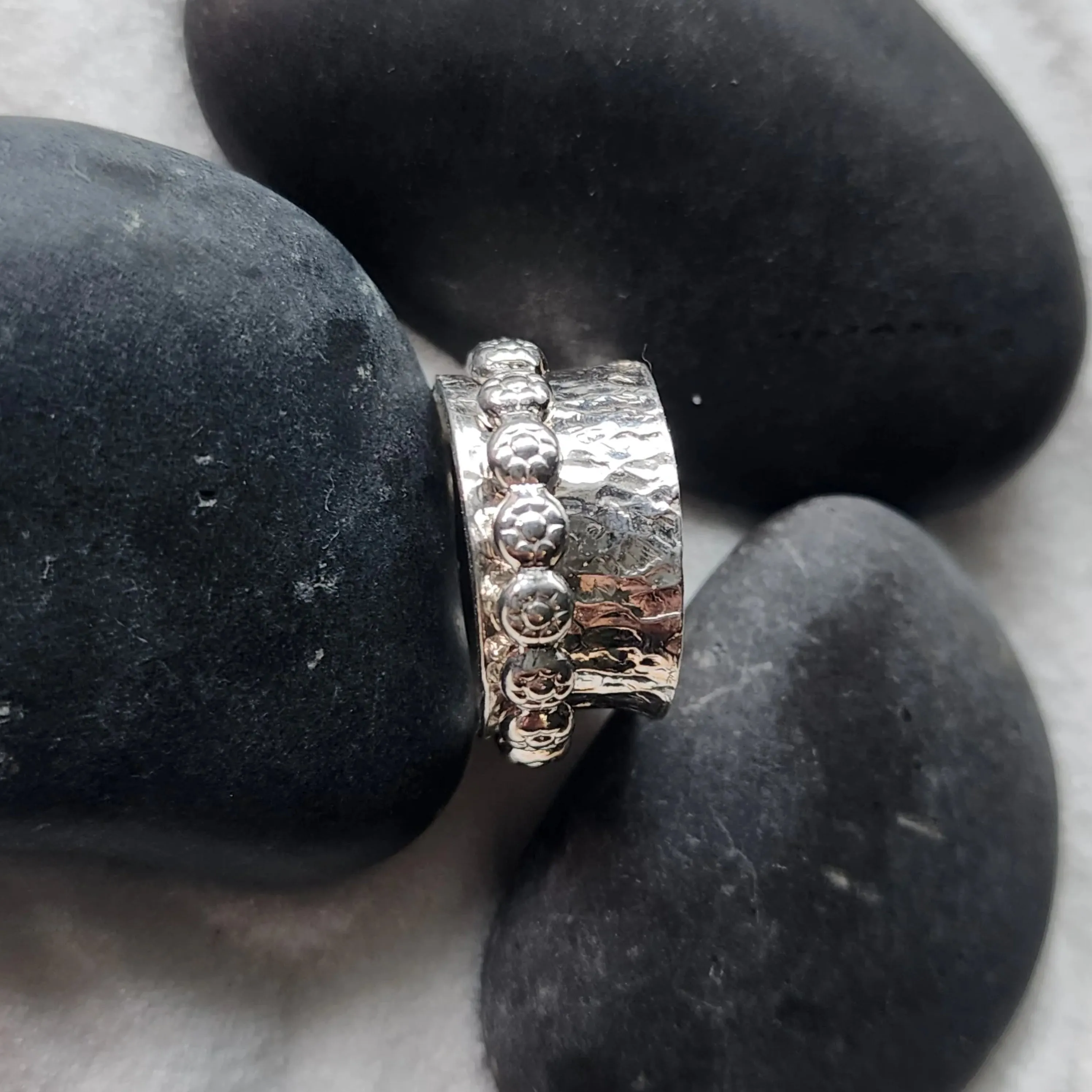 Handmade Boho .925 Sterling Silver Ring with Daisy Spinner | Bold Hammered Texture Jewelry