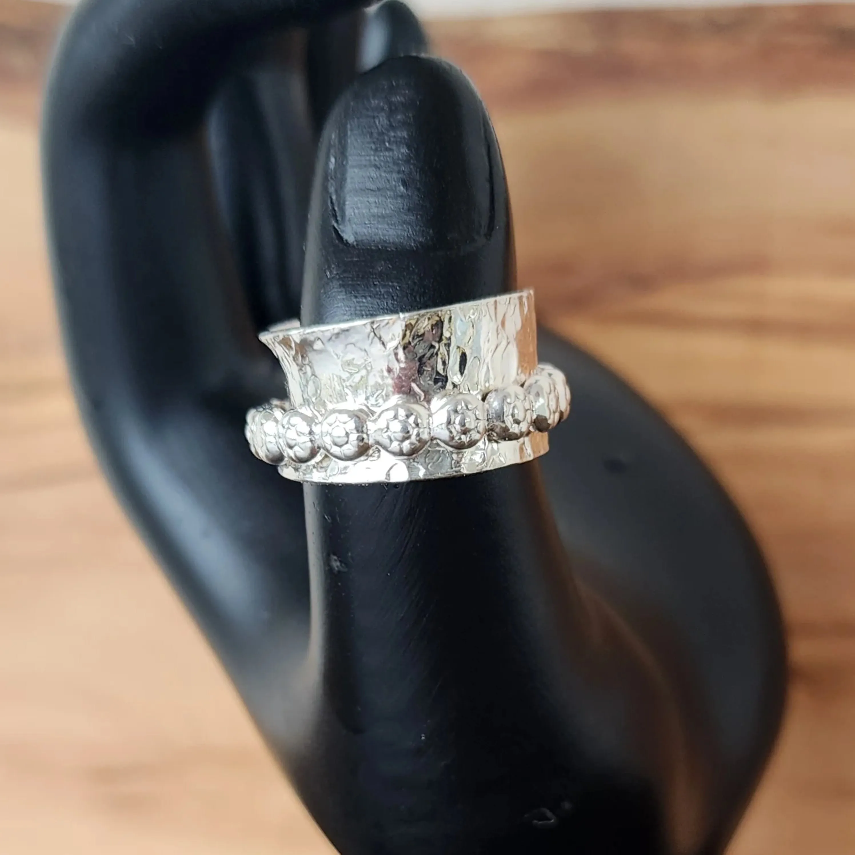 Handmade Boho .925 Sterling Silver Ring with Daisy Spinner | Bold Hammered Texture Jewelry
