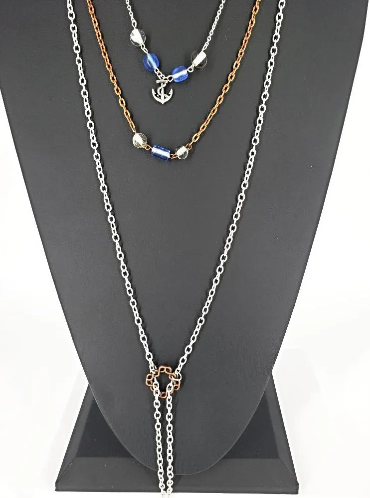 Handmade Boho Three Layer Silver-Copper Necklace With Blue And Clear  Beads And Anchor Charm