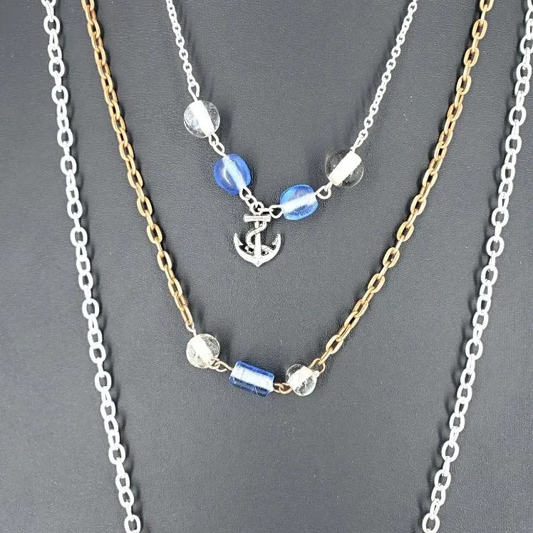 Handmade Boho Three Layer Silver-Copper Necklace With Blue And Clear  Beads And Anchor Charm