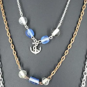 Handmade Boho Three Layer Silver-Copper Necklace With Blue And Clear  Beads And Anchor Charm