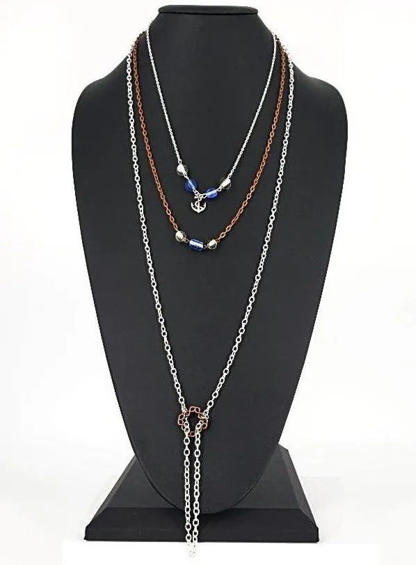 Handmade Boho Three Layer Silver-Copper Necklace With Blue And Clear  Beads And Anchor Charm