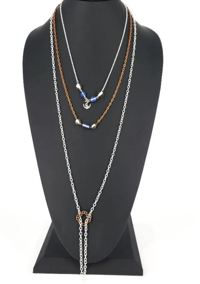 Handmade Boho Three Layer Silver-Copper Necklace With Blue And Clear  Beads And Anchor Charm