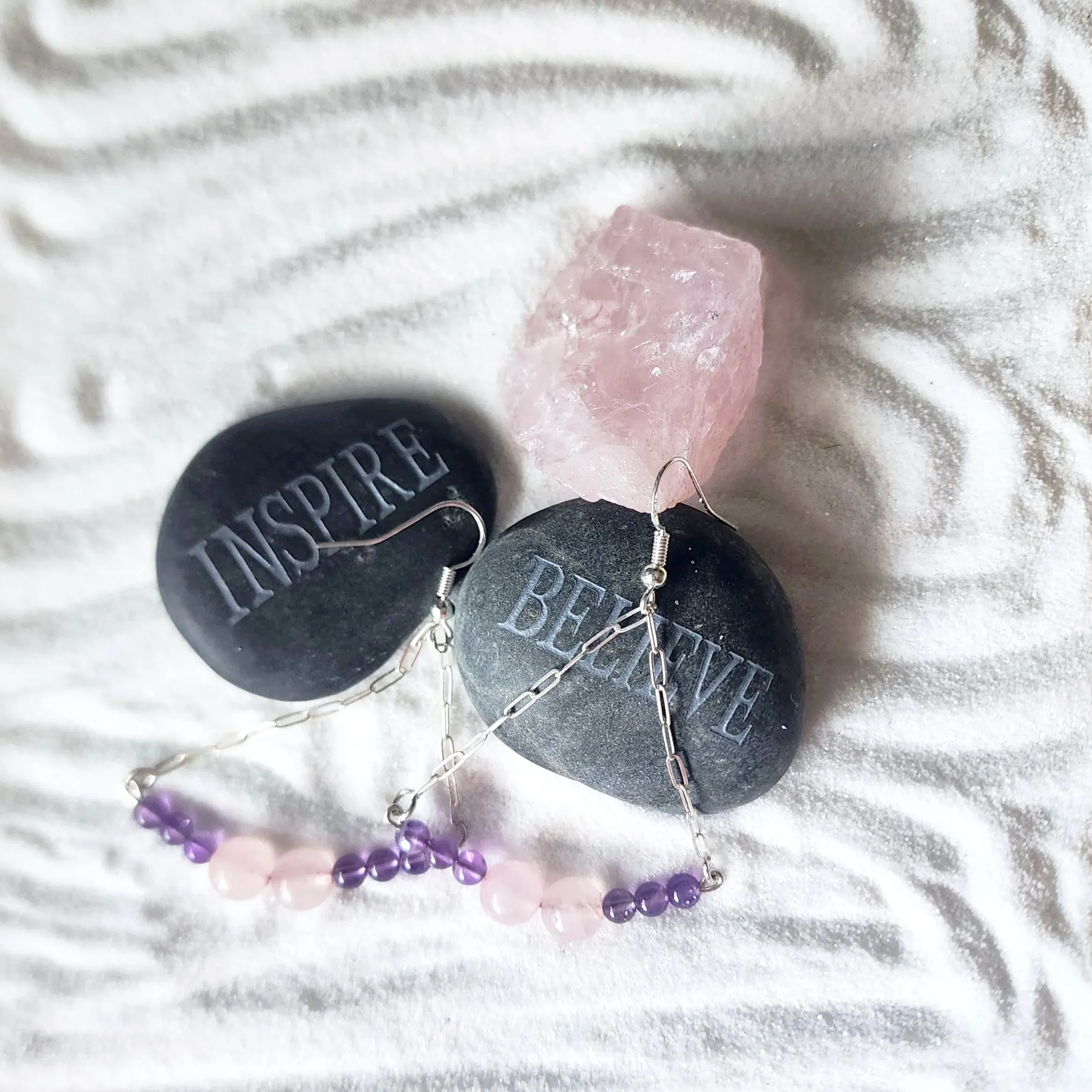 Handmade Sterling Silver Boho Earrings with Rose Quartz & Amethyst Beads | Love & Harmony Jewelry