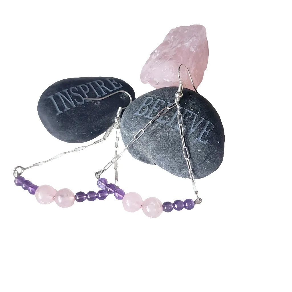 Handmade Sterling Silver Boho Earrings with Rose Quartz & Amethyst Beads | Love & Harmony Jewelry