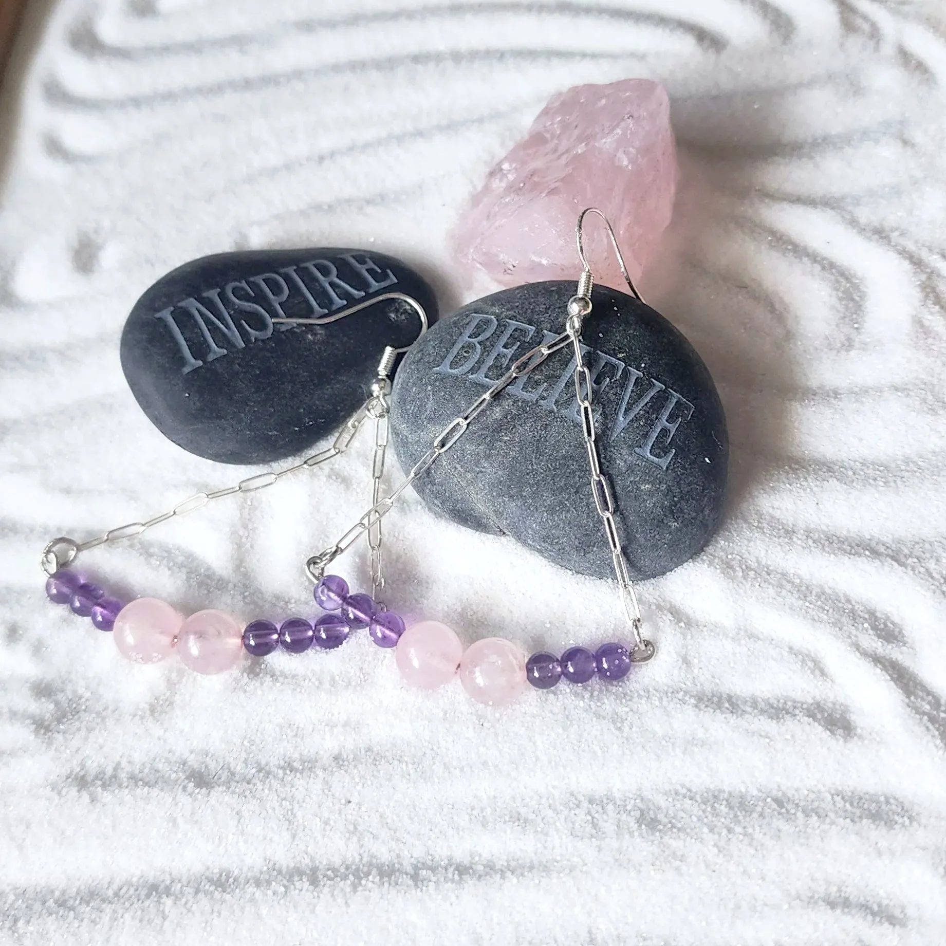 Handmade Sterling Silver Boho Earrings with Rose Quartz & Amethyst Beads | Love & Harmony Jewelry