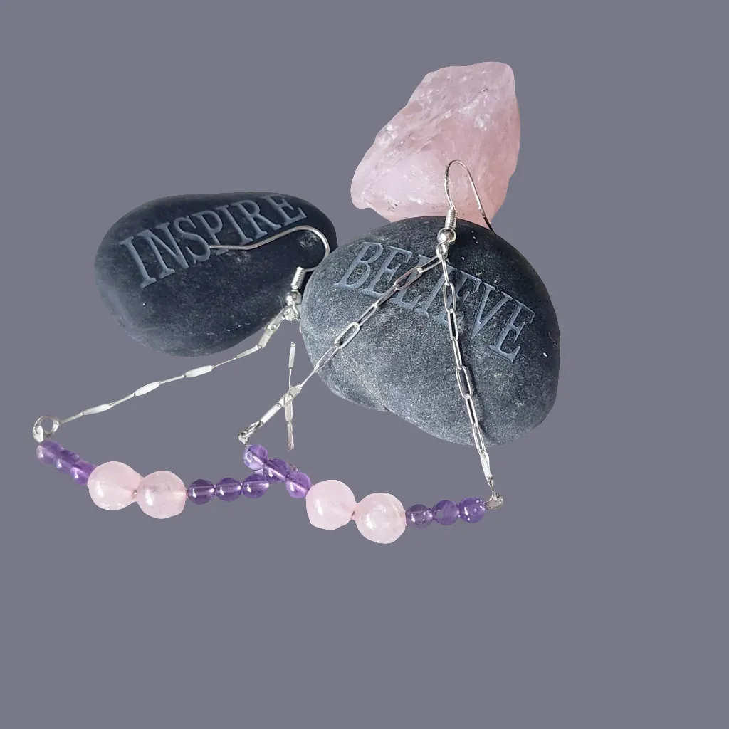 Handmade Sterling Silver Boho Earrings with Rose Quartz & Amethyst Beads | Love & Harmony Jewelry