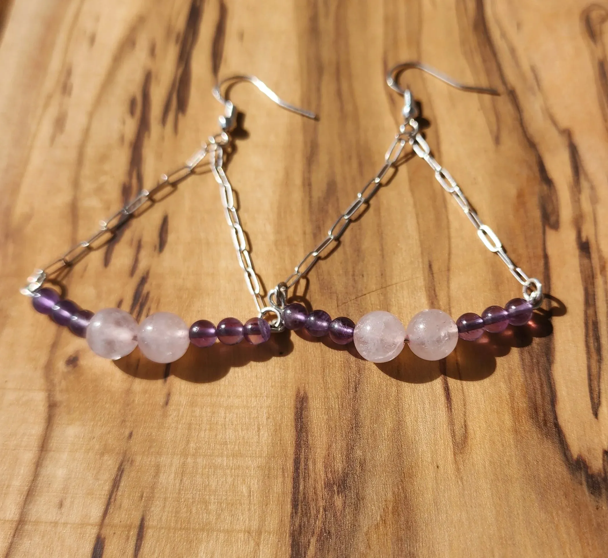Handmade Sterling Silver Boho Earrings with Rose Quartz & Amethyst Beads | Love & Harmony Jewelry