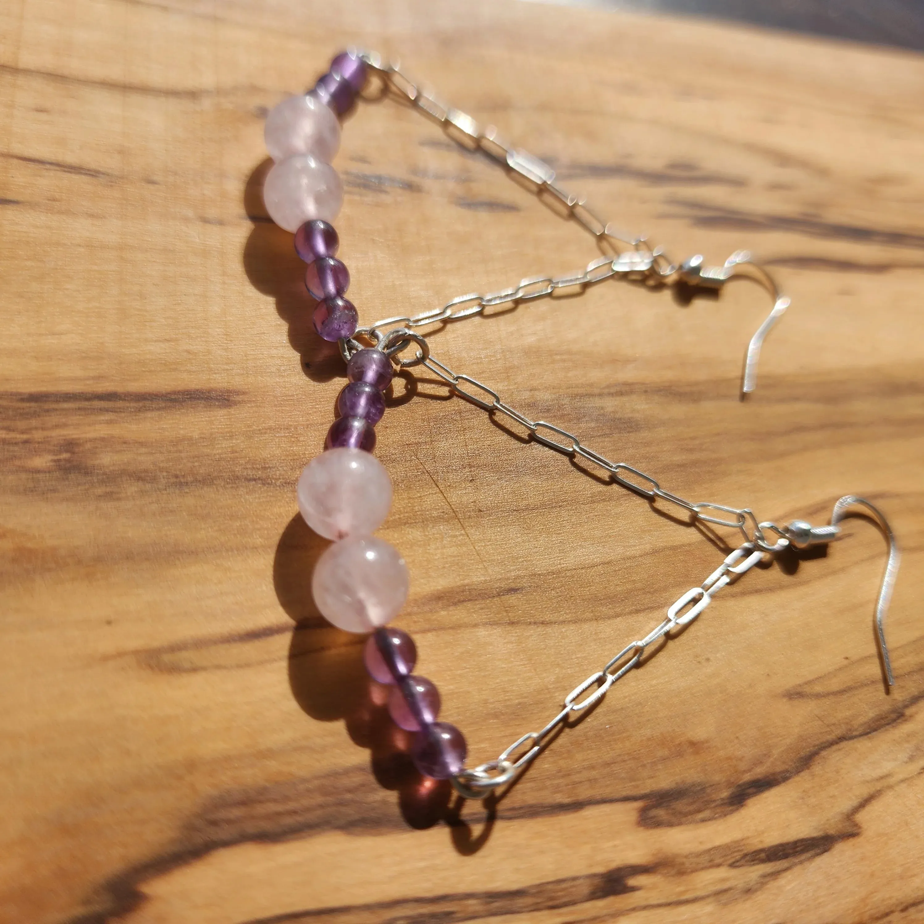 Handmade Sterling Silver Boho Earrings with Rose Quartz & Amethyst Beads | Love & Harmony Jewelry
