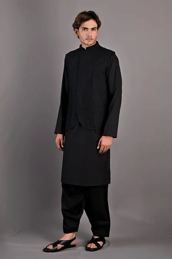 Haruka - Black Abstract Embroidered Nehru Jacket with Kurta Set