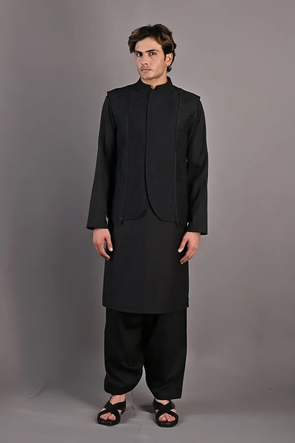 Haruka - Black Abstract Embroidered Nehru Jacket with Kurta Set